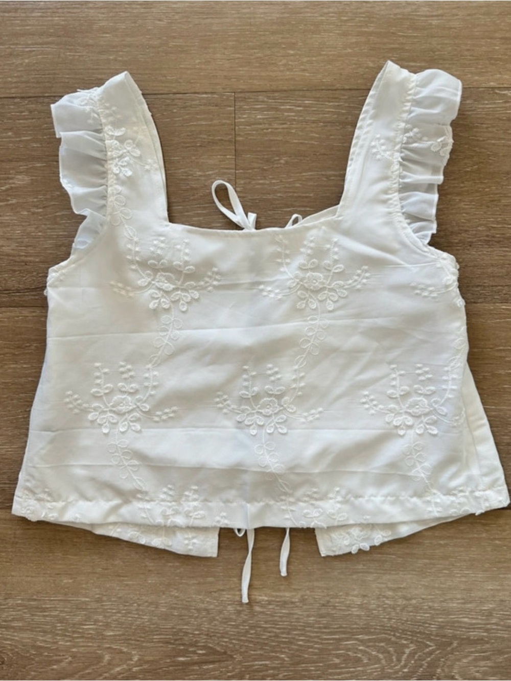 White Embroidered Ruffle Strap Tank Top